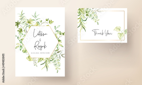 Wedding invitation template with beautiful watercolor leaves