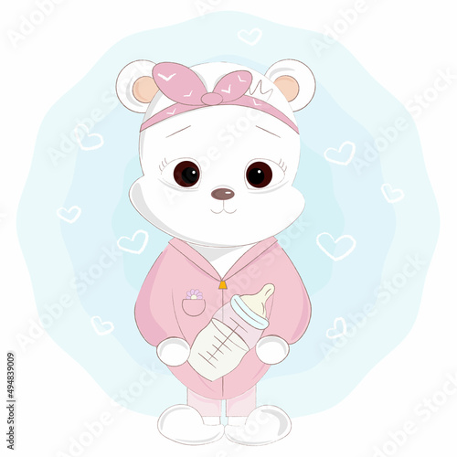 cute white baby bear with a bottle