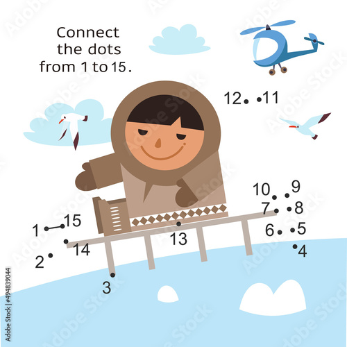 Boy sledding. Activity page for kids. Educational game. Connect dots from 1 to 15. Vector illustration.