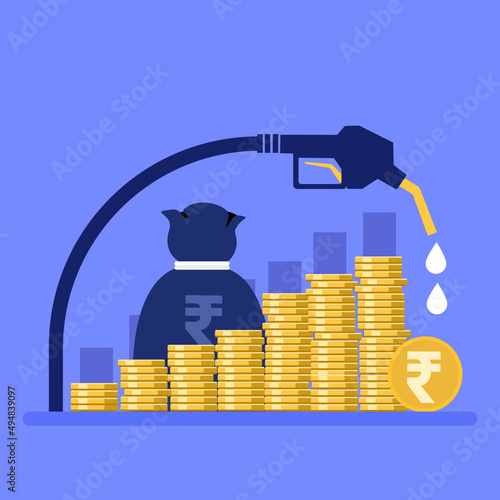 Illustration of the nozzle of a fuel pump with stacks of Indian currency coins. Concept for increasing fuel price