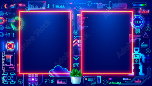 Double neon vertical frames or borders mock up on blue background in digital computer technology style for children. Templates presentation for Kids learning STEM professions. online education course