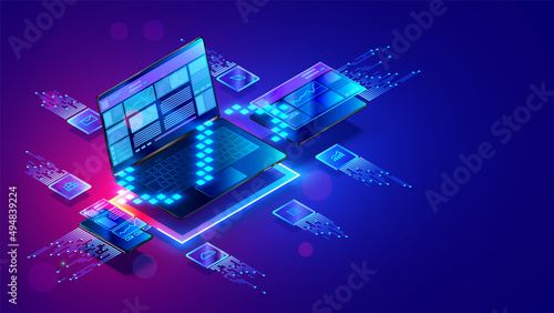 Web design isometric concept. Website development of all platforms. Optimization layout website on laptop, phone, tablet. Creation layout responsive Internet page. Web script coding and programming.