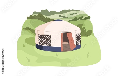 Modern yurt in nature. Nomadic house outdoors. Camping tent, remote fabric home in village for summer tourism, relaxation in Mongolia. Flat vector illustration isolated on white background