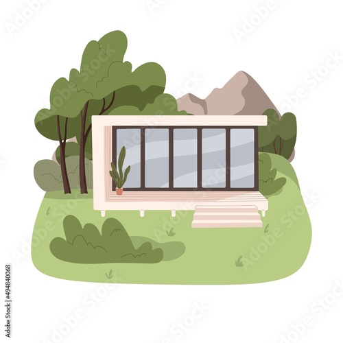 Modern house exterior in nature. Remote home from wood and glass in country. Comfortable countryside building with terrace for summer rest. Flat vector illustration isolated on white background