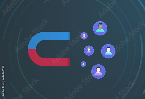 Customer retention rate and cost per acquisition (CPA) concept. Social media engagement. Inbound marketing strategy with magnet and different peoples figure icon