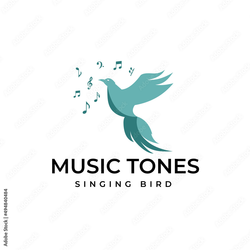 Birds Singing On Tree Beautiful Melody with Musical Notes Logo Design Concept Vector Flying bird logo illustration emitting musical notes, Beautiful Melody with Musical Notes