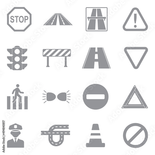 Traffic Rules Icons. Gray Flat Design. Vector Illustration.
