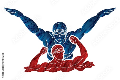 Group of People Swimming Action Swimmer Pose Mix Cartoon Sport Graphic Vector
