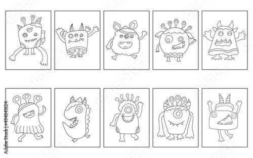 Coloring page monster pattern set designed in doodle style for coloring, digital printing, teachers, students, art for kids, worksheets, art activities, kindergarten, scrapbooks, covers and more.
