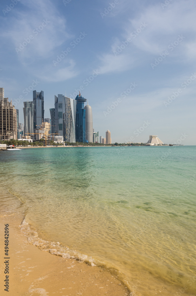Naklejka premium Panoramic view with modern skyscrapers in the centre of Doha