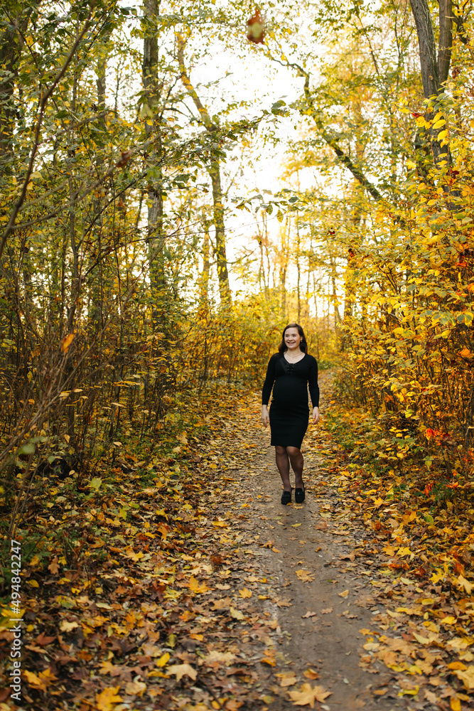 Beautiful pregnant woman in a black dress in the autumn park. Golden autumn. Fallen leaves. Awaiting the birth of a child. Beautiful pregnant woman in a black dress in the autumn park. Golden autumn. Fallen leaves. Awaiting the birth of a child.