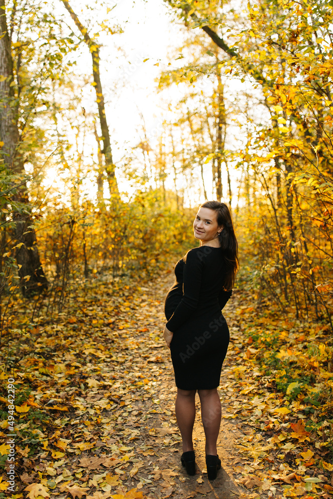 Beautiful pregnant woman in a black dress in the autumn park. Golden autumn. Fallen leaves. Awaiting the birth of a child. Beautiful pregnant woman in a black dress in the autumn park. Golden autumn. Fallen leaves. Awaiting the birth of a child.
