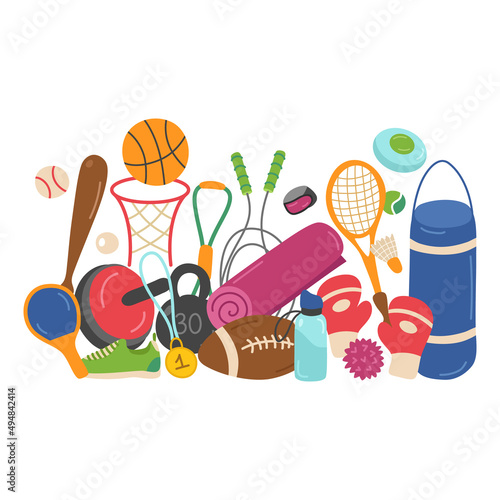 Banner with sports equipment. Boxing, balls for American football and volleyball, tennis racket, dumbbells, kettlebell, mat, water bottle. Vector illustration for a fitness or design website.
