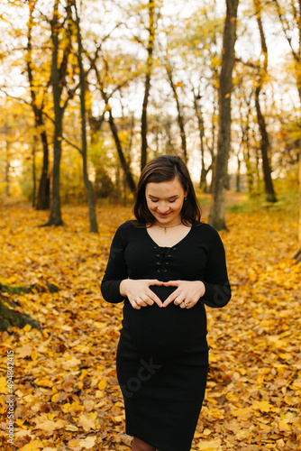 Beautiful pregnant woman in a black dress in the autumn park. Golden autumn. Fallen leaves. Awaiting the birth of a child. © Anhelina Tyshkovets