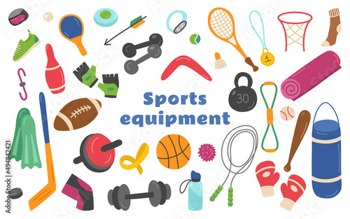 Sports equipment set of elements. Balls for American football and volleyball, punching bag and gloves, tennis racket, dumbbells, kettlebell, jump rope, mat. Vector collection for physical education.