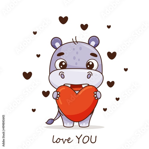 Cute love A hippo in love holds a red heart. Postcard in cartoon kawaii style. Vector for design, banners, children's books and patterns. Vector illustration