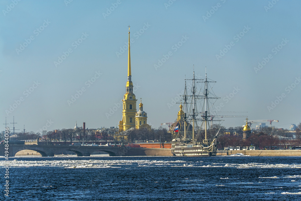 Spring ice drift on the Neva. Peter and Paul Fortress, frigate Grace.
