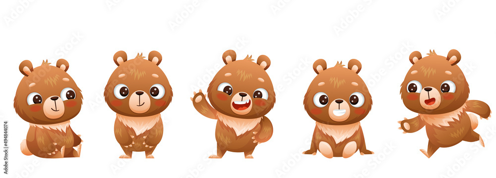 Set of baby bears in different poses, sitting, standing, waving, running. Drawn in cartoon style. Vector illustration for designs, prints and patterns. Isolated on white background Set of baby bears in different poses, sitting, standing, waving, running. Drawn in cartoon style. Vector illustration for designs, prints and patterns. Isolated on white background
