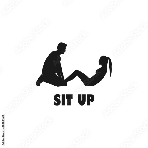 Woman doing sit up workout black vector silhouette illustration.