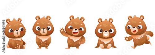 Set of baby bears in different poses, sitting, standing, waving, running. Drawn in cartoon style. Vector illustration for designs, prints and patterns. Isolated on white background