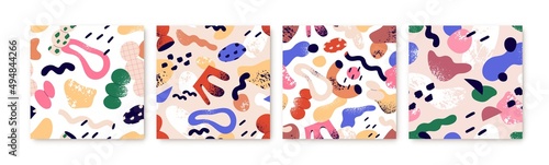 Seamless abstract textures with geometric shapes. Modern creative backgrounds set with repeating pattern. Contemporary trendy fabric designs with random elements. Colored flat vector illustrations