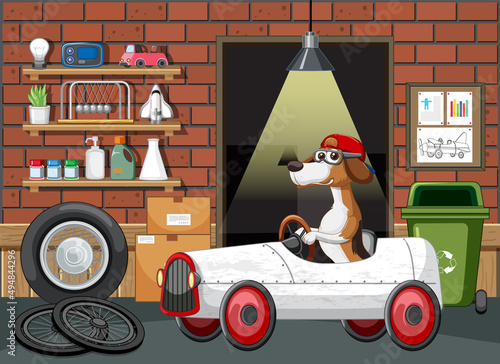 Dog driving car in garage