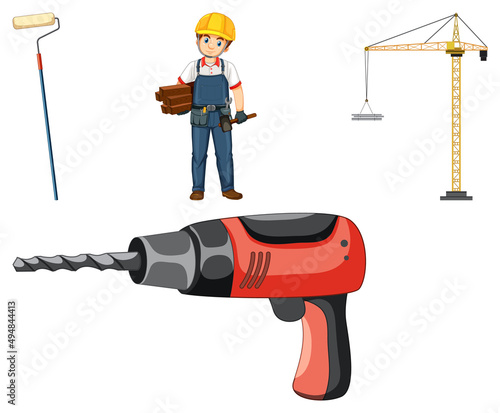 Construction worker set with man and tools