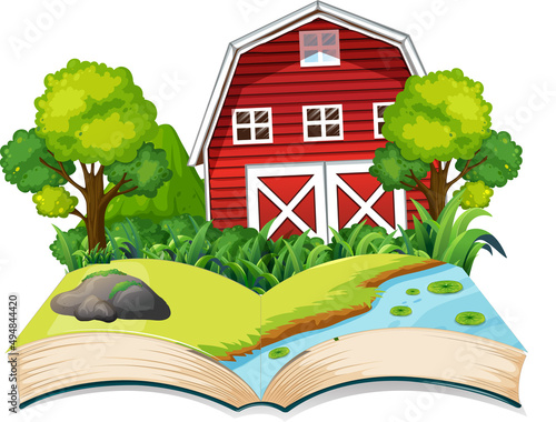 Farm scene with red barn in a book