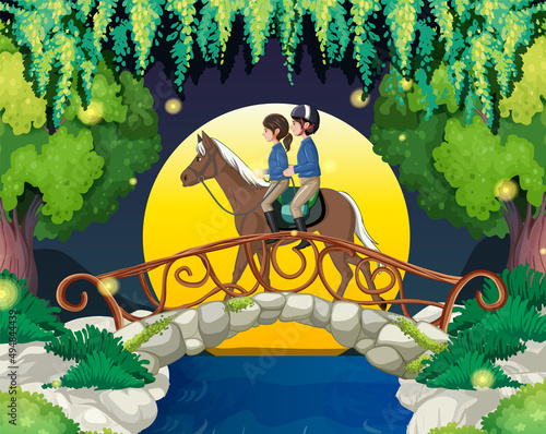 A scene of couple riding on a horse at night