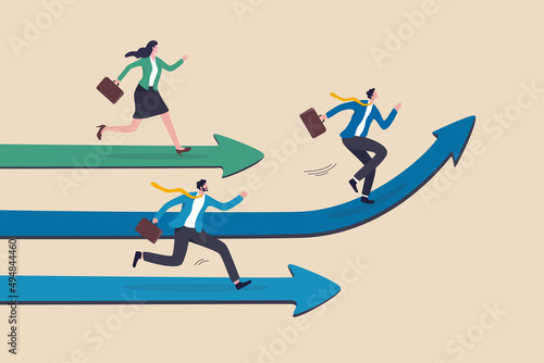 Taking initiative be first to try different way and discover new opportunity, creative way to success and win competition, leadership skill concept, businessman taking initiative run in different way.