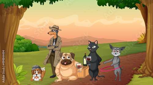 Set of different domestic animals in forest