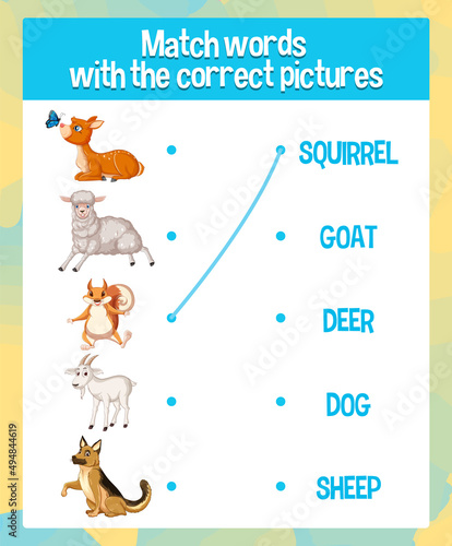 Word to picture matching animal worksheet for children