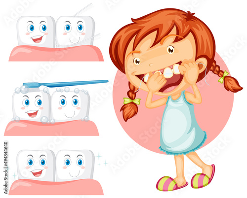 Happy kid flossing teeth with different teeth condition