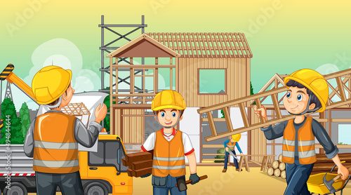 Building construction site with workers