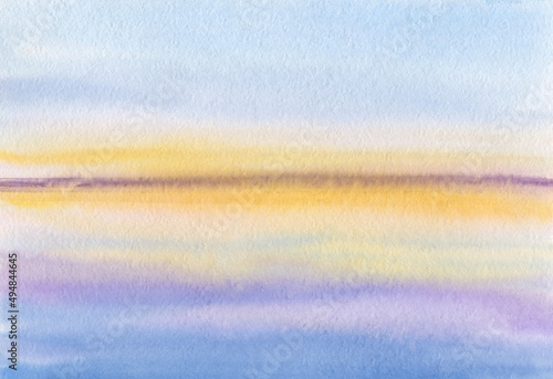 Abstract watercolor background in blue and orange colors. Idealistic landscape of a cloudy sky. The sky is reflected in the ocean.
