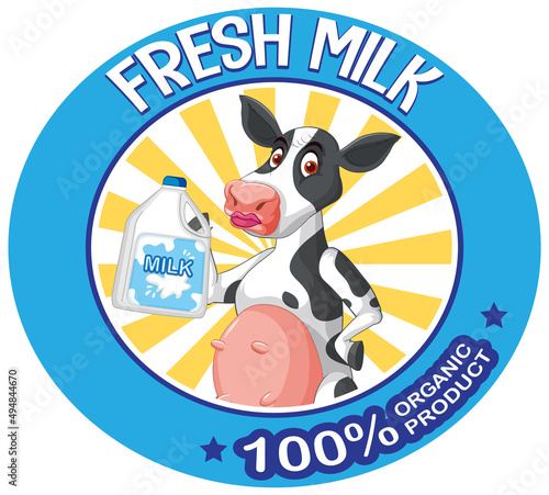 Cartoon cow with fresh milk label