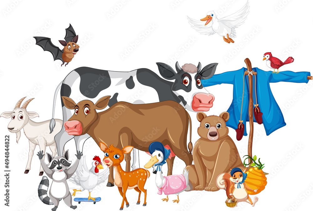 Obraz premium Many farm animals and scarecrow
