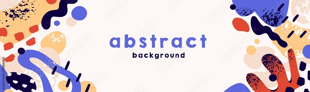 Banner design with abstract geometric shapes pattern and background for text. Modern horizontal minimalistic template with creative fluid liquid elements. Trendy backdrop. Flat vector illustration