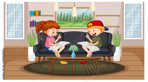 Children reading books at home