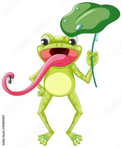 Cartoon frog holding lotus leaf
