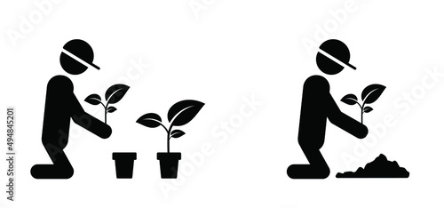 Cartoon stickman, stick figure. Vector gaerdener icon or pictogram. Garden maintenance tools. Flower pots pictogram. House, office potted plants silhouette. Leaf, growing tree. Flowerpot or houseplant