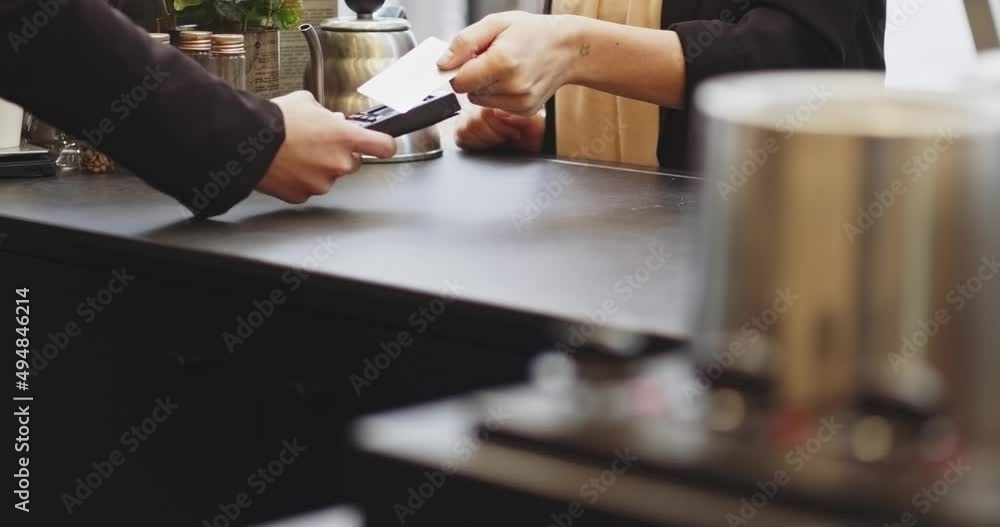 Close-up of Woman paying credit card via the terminal without entering the PIN code,smart payment,contactless payment,e-money,digital money.Barman woman in medical mask, business reopen after covid Close-up of Woman paying credit card via the terminal without entering the PIN code,smart payment,contactless payment,e-money,digital money.Barman woman in medical mask, business reopen after covid