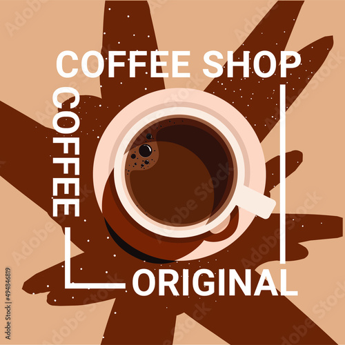 Vector Illustration Cup of Fresh Coffeeor coffee bean Flat Style. Decorative Design for Cafeteria, Posters, Banners, Cards photo