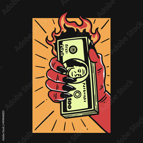 devil hand illustration holding burning money