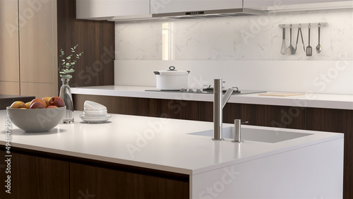 3D rendering interior illustration of  a modern style kitchen with white cabinet, Gas Stoves washing sink on island counter which connect to dining table. Design, Idea, Background, Lighting, Products.