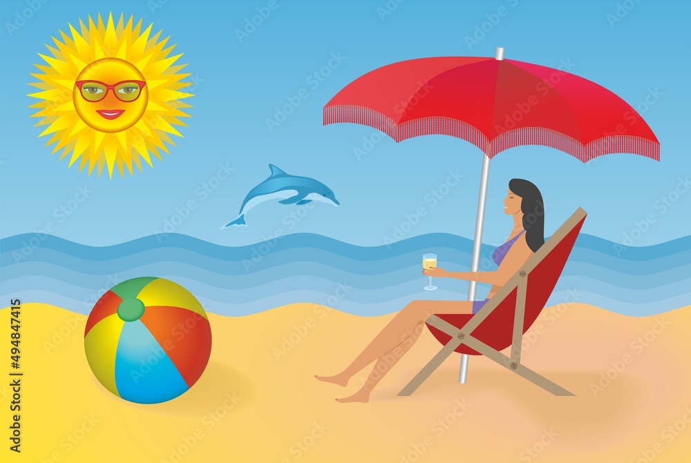 Woman enjoying beach and the sunny weather. Vector illustration. Dimension 16:9.