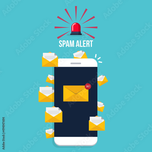 Spamming concept, a lot of emails on the screen of a smart phone. Email box hacking, spam warning. Vector illustration.	