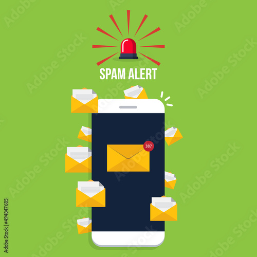 Spamming concept, a lot of emails on the screen of a smart phone. Email box hacking, spam warning. Vector illustration.	