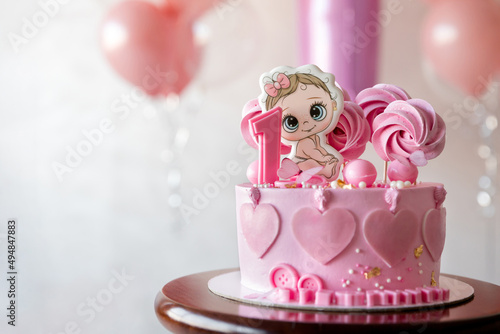 Photography pink helium balloons and birthday cake