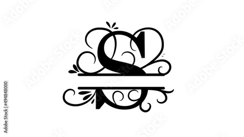 Letter S. Animated logo. Monogram, split letter S. Vintage style, twigs and leaves appear at logo. Letter on transparent background. You can insert a logo on any of your videos. Animation vector
